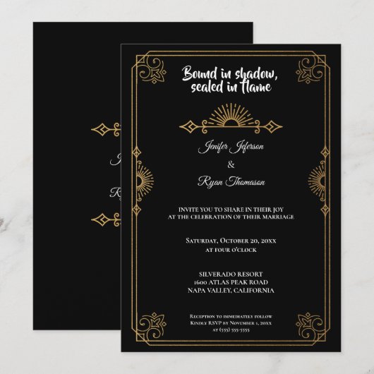 Elegant black and gold Gothic wedding Invitation (Devant / Derrière)