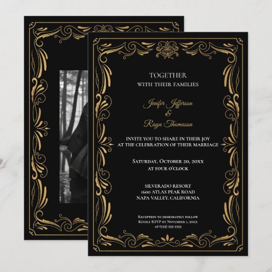 Elegant black and gold Gothic wedding Invitation (Devant / Derrière)