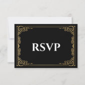 Elegant black and gold Gothic Wedding RSVP Card (Dos)