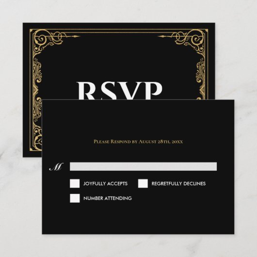 Elegant black and gold Gothic Wedding RSVP Card (Devant / Derrière)