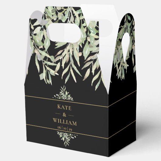 Elegant Black and Gold Greenery Weddenschap Hartel Bedankdoosjes (Geopend)
