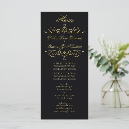 Elégant Black and Gold Heart Flourish Menu Mariage (Debout devant)