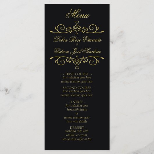 Elégant Black and Gold Heart Flourish Menu Mariage (Devant)