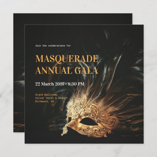 Elégant Black and Gold Masquerade Gala Invitation (Devant / Derrière)