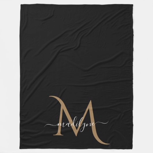 Elegant Black and Gold Monogram Script Name Bab Fleece Deken (Voorkant)