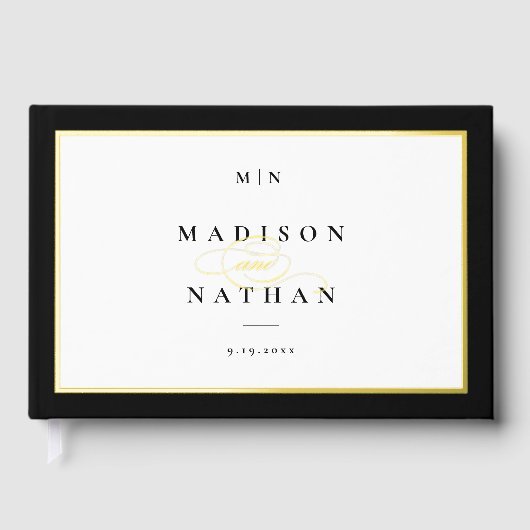 Elegant Black and Gold Monogram Weddenschap Gastenboek (Voorkant)