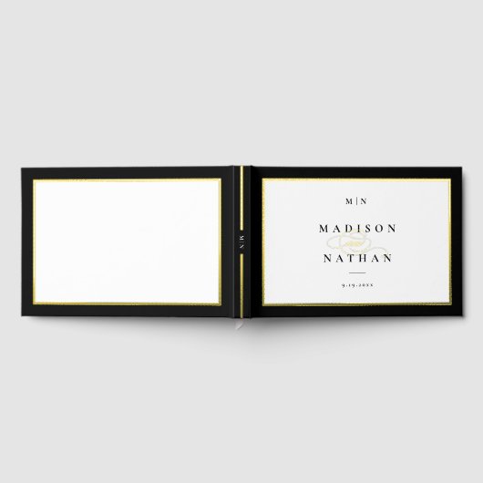 Elegant Black and Gold Monogram Weddenschap Gastenboek (Volledig)