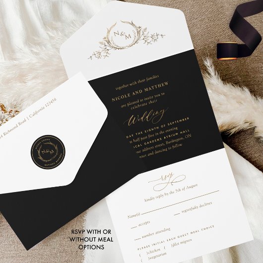 Elegant Black and Gold Monogram Weddenschap met RS All In One Uitnodiging