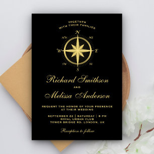 Elegant Black and Gold Nautical Compass Wedding Kaart