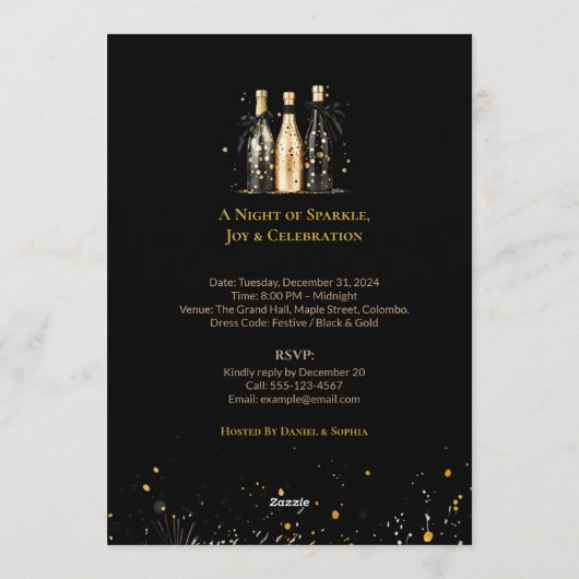 Elegant Black and Gold New Year Invitation Card (Dos)