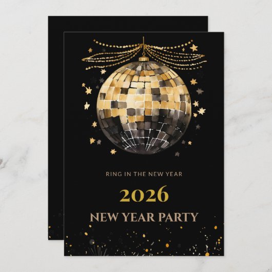 Elegant Black and Gold New Year Invitation Card (Devant / Derrière)