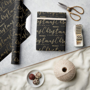 Elegant Black and Gold Script Merry Kerstmis Cadeaupapier