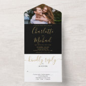 Elegant Black and Gold Script Photo Weduwall in All In One Uitnodiging (Binnen)