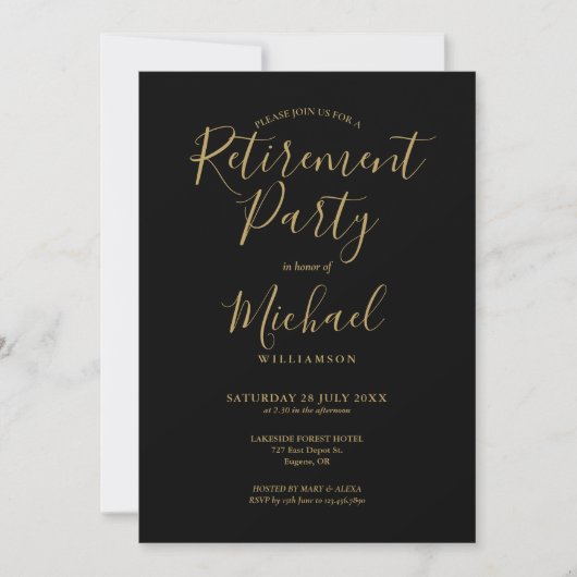 Elegant Black and Gold Script Retirement Party Kaart (Voorkant)
