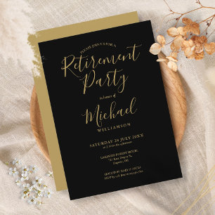 Elegant Black and Gold Script Retirement Party Kaart