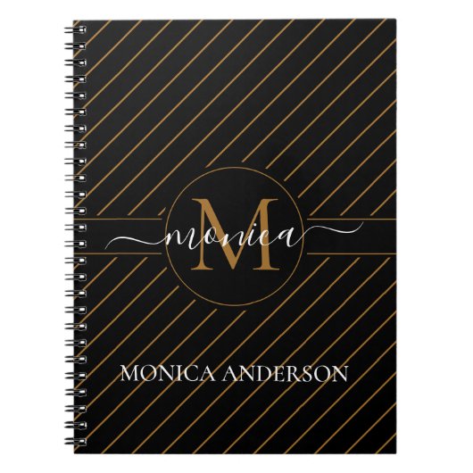 Elegant Black and Gold Striped Monogram Name Notitieboek (Voorkant)