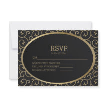 Elegant Black and Gold Swirls Wedding RSVP Kaart