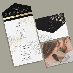 Elegant Black and Gold Wedding All In One Uitnodiging