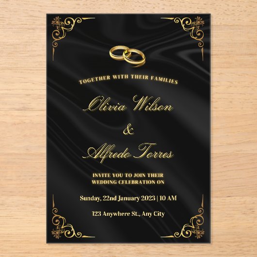 Elegant Black and Gold Wedding Invitation Acryl Uitnodigingen (Voorkant)
