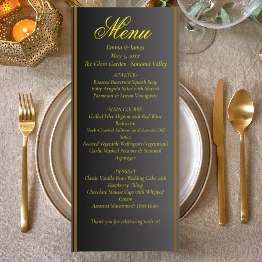 Elegant Black and Gold Wedding Menu