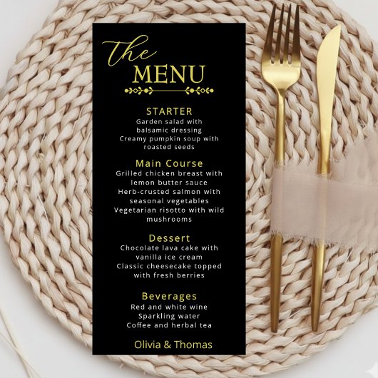 Elegant Black and Gold Wedding Menu Card