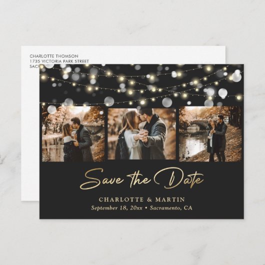 Elegant Black and Gold Wedding Photo Save the Date Aankondigingskaart (Voorkant / Achterkant)