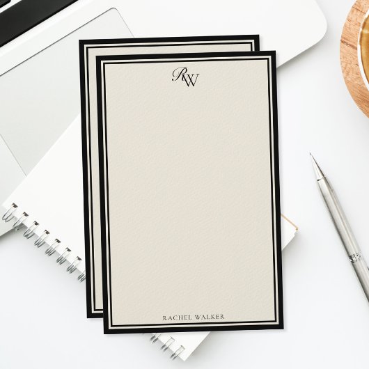 Elegant Black and Ivory Monogram Two Border Briefpapier