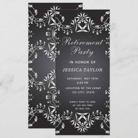Elegant Black and Silver  Retirement Party Kaart (Voorkant / Achterkant)