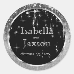 Elegant Black and Silver Starlights Weddenschap Ronde Sticker