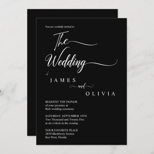 Elegant Black and White Calligraphy Wedding Kaart (Voorkant / Achterkant)