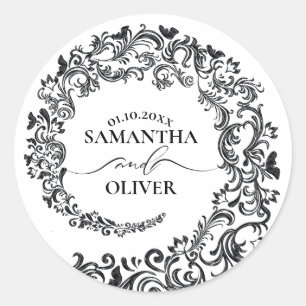 Elegant Black and White Damask Wedding Ronde Sticker