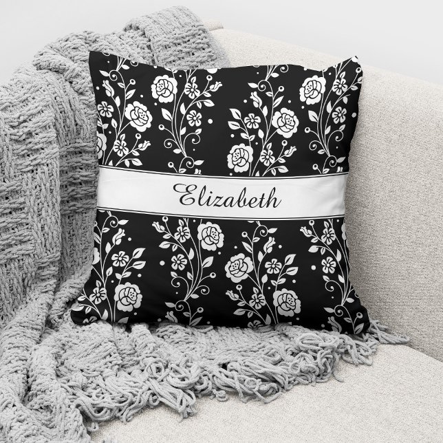 Elegant Black and White Floral Pattern Kussen (Creator heeft geüpload)
