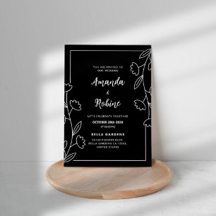 Elegant Black and White Floral Wedding Invitation Kaart