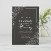 Elegant Black and White Floral Wedding Kaart (Staand voorkant)