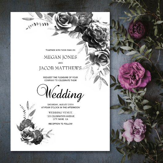 Elegant Black and White Floral Wedding Kaart