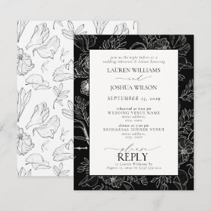 Elegant Black and White Floral Wedding Rehearsal Kaart