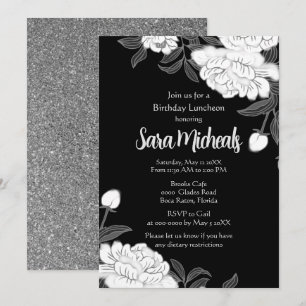 Elegant Black and White Flower Luncheon Invitation Kaart