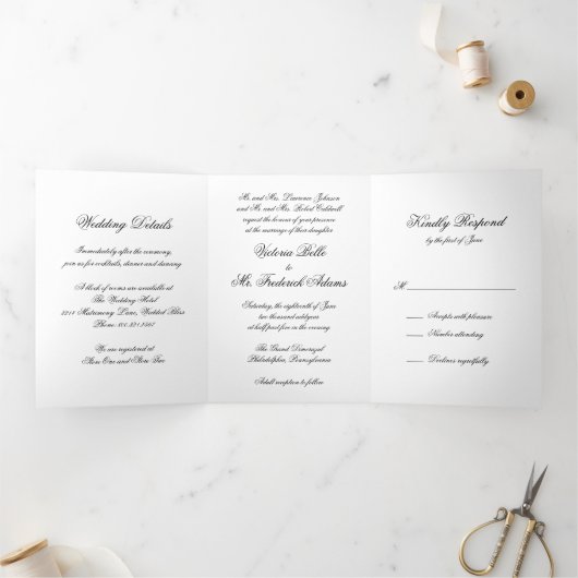 Elegant Black and White Formal Calligraphy Wedding Drieluik Uitnodiging (Binnen)