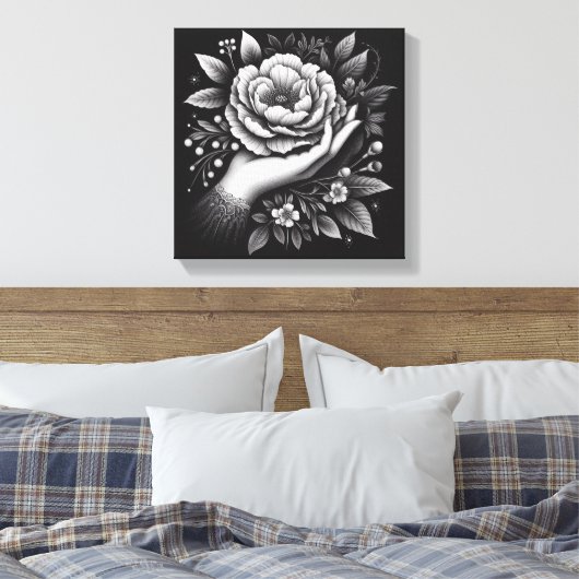 Elegant Black and White Hand Botanical Art Canvas Afdruk (Insitu (Slaapkamer))