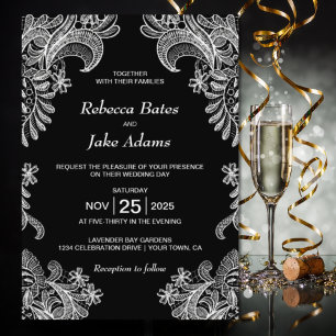 Elegant Black and White Lace Wedding Kaart
