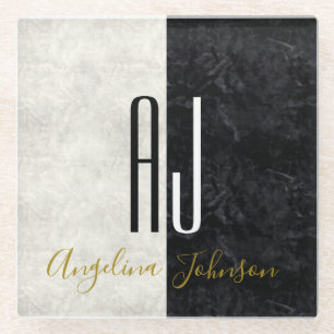 Elegant Black and White Marble Monogrammed Glazen Onderzetter