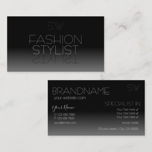 Elegant Black and White Mirror Font met Monogram Visitekaartje (Voorkant / Achterkant)