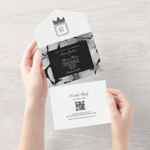 Elegant Black and White Monogram Wedding All In One Uitnodiging