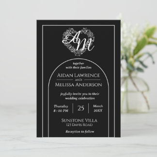 Elegant Black and White Monogram Wedding Kaart