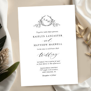 Elegant Black and White Monogram Wedding Kaart