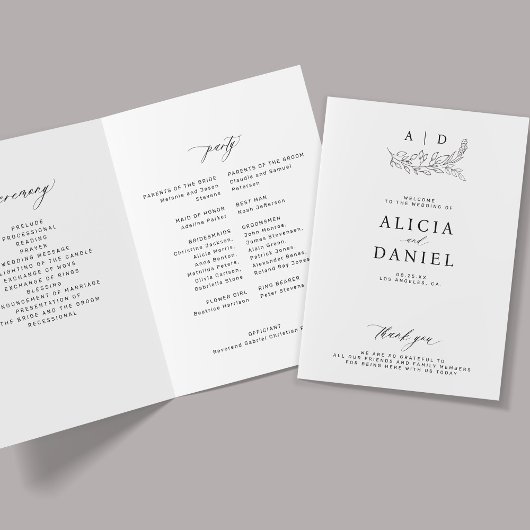 Elegant black and white monogram wedding programma