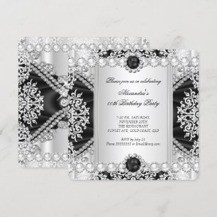 Elegant Black and White Pearl Birthday Party Kaart