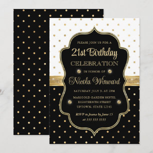 Elegant Black and White Polka Dots 21st Birthday Kaart