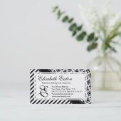 Elegant Black and White Retro Stripes en Damask Visitekaartje (Staand voorkant)