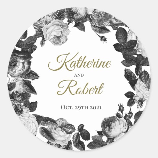Elegant Black and White Roses Wedding Sticker (Voorkant)